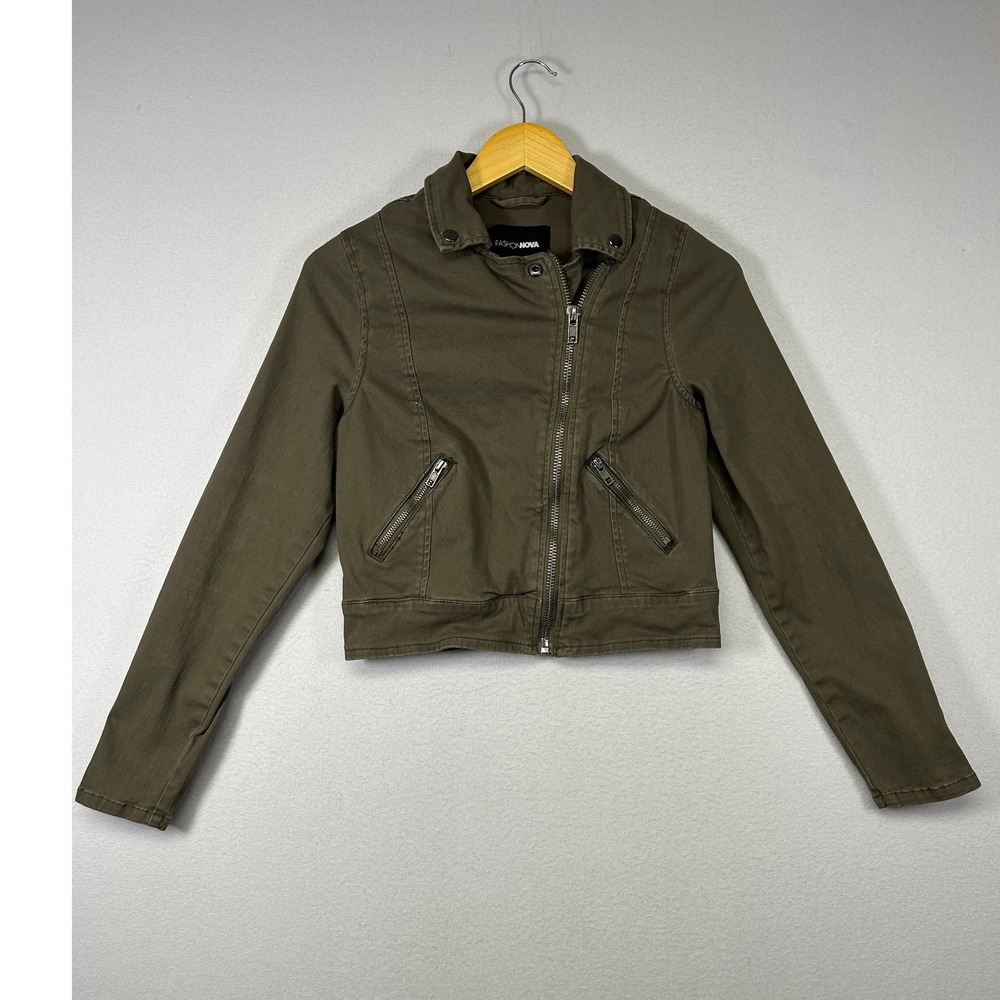 Edgy Fashion Nova Women S Olive Green Cropped Twill Moto Jacket JK21484P-FN